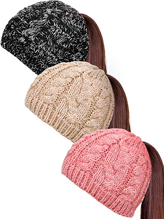 SATINIOR 3 Pieces Knit Ponytail Hat Messy Bun Beanie Cap Winter Warm Cap for Women