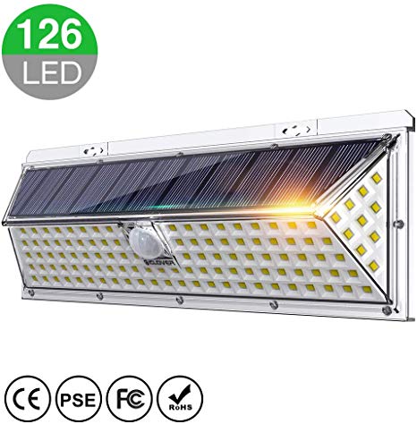Solar Lights Outdoor, IC ICLOVER Super Bright 126 LED Waterproof Solar Motion Sensor Lights, 270° Wide Angle Lighting, Auto ON/OFF with 3 Optional Modes for Garden,Patio,Yard,Fence,Garage,Porch-1 Pack
