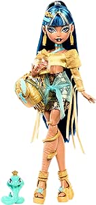 Monster High Cleo De Nile Doll in Golden Blouse & Layered Skirt, includes Pet Cobra Hissette & Accessories like a Backpack, Snack & Scroll