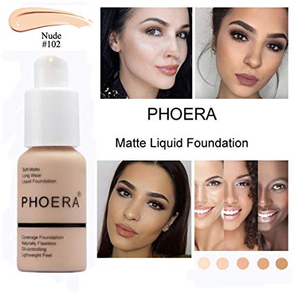 Foundation Makeup, PHOERA New 30ml Matte Oil Control Concealer Foundation Cream, Long Lasting Waterproof Matte Liquid Foundation (102 Nude)