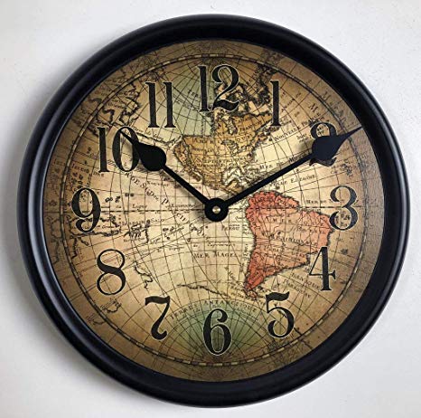 Vincenzo World Map Wall Clock, Available in 8 Sizes, Most Sizes Ship The Next Business Day, Whisper Quiet.