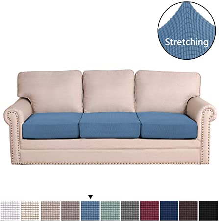 H.VERSAILTEX Super Stretch Stylish Cushions Covers/Furniture Cover Spandex Jacquard Small Checked Pattern Super Soft Slipcover Washable Individual (3-Piece Sofa Cushion, Dusty Blue)