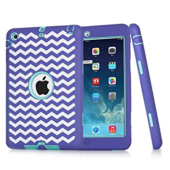 iPad mini 3 / 2 / 1 Case, Hocase Double Layer Rugged Hard Rubber Protective Case Cover for Apple iPad mini 1 / 2 / 3 - Purple Chevron / Aqua