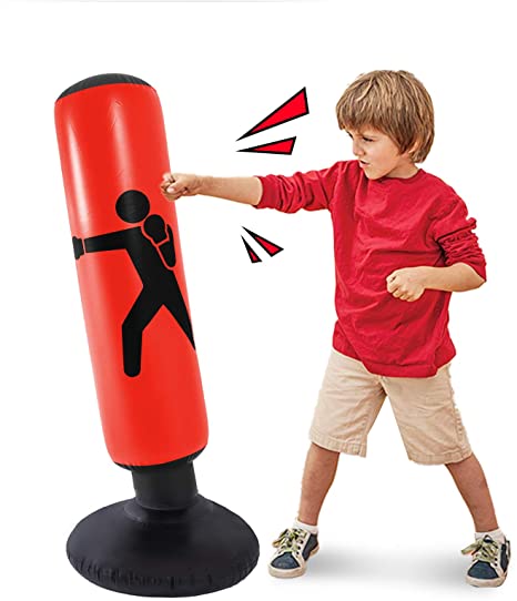 Inflatable Kids Punching Bags with Stand, 64 Inch Freestanding Punching Bag for Kids and Adults, Kids Kickboxing Bop Bag Immediate Bounce-Back for Karate, Taekwondo, MMA (Red) (Red)