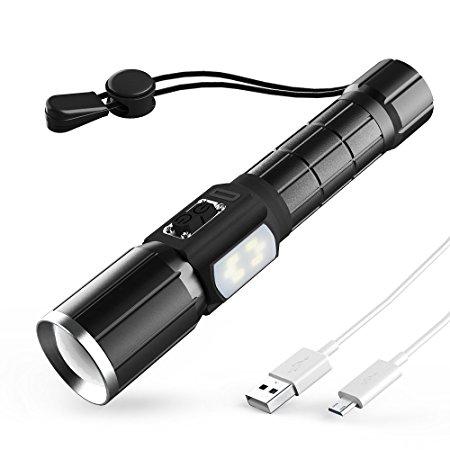 MustWin Rechargeable CREE LED Flashlight with Side Camping Lantern, 7 Modes Tactical Handheld Torch, IP64 Waterproof, Portable Zoomable for Camping Hiking Emergency, 18650 Battery and USB Cable Inclu