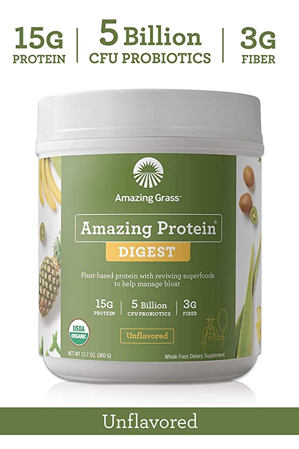 Amazing Grass DIGEST Plant Based with Probiotics   Fiber to Manage Bloat, Vegan Protein Powder, Unflavored, 15 Servings
