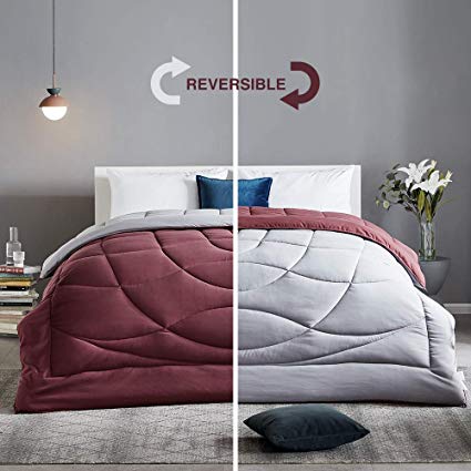 SLEEP ZONE All Season Comforter Down Alternative Soft Temperature Regulation Reversible Duvet, Burgundy Grey, King
