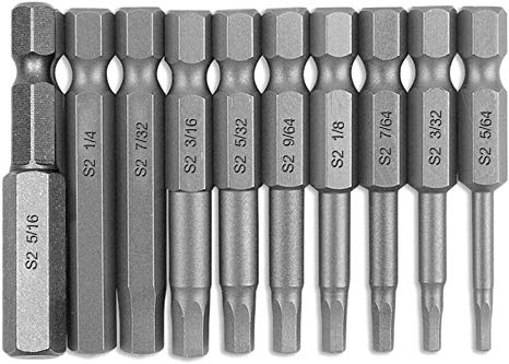 Bestgle 10pcs 5/64-5/16 Magnetic Inner Hexagon Head Screwdriver Bits Set SAE Hex Head Allen Wrench Drill Bit Set with 1/4 Inch Hex Shank, 50mm Length