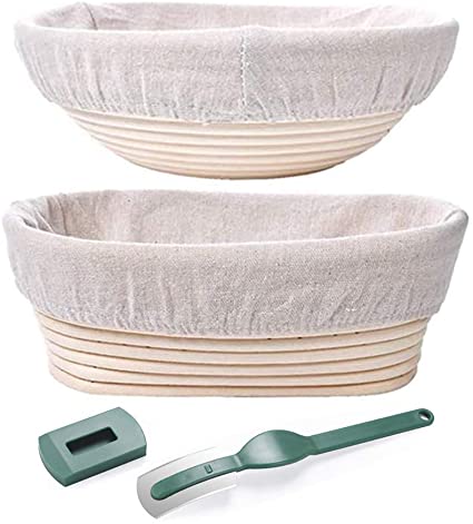 Bread Proofing Basket Set - 9" Round & 10" Oval Banneton Brotform Bread Dough Proofing Rising Rattan Basket Handmade Natural Rattan Bowl for Home Bakers with Cloth Liner Dough Scraper