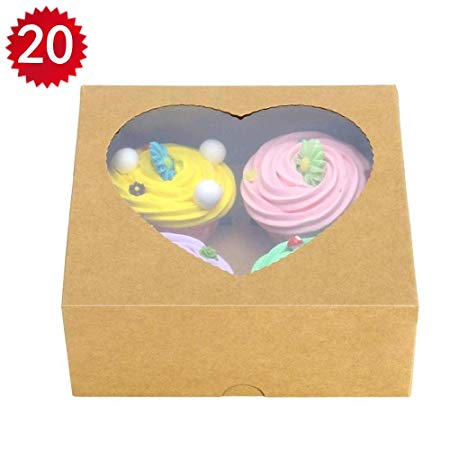 20PCS Brown Kraft 4 Cupcake Boxes With Window Heart-shaped Pastry Cake Bakery Boxes With Insert