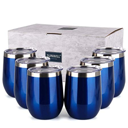 SUNWILL Insulated Wine Tumbler with Lid Glass Blue 6 pack, Double Wall Stainless Steel Stemless Insulated Wine Glass 12oz, Durable Insulated Coffee Mug, for Champaign, Cocktail, Beer, Office