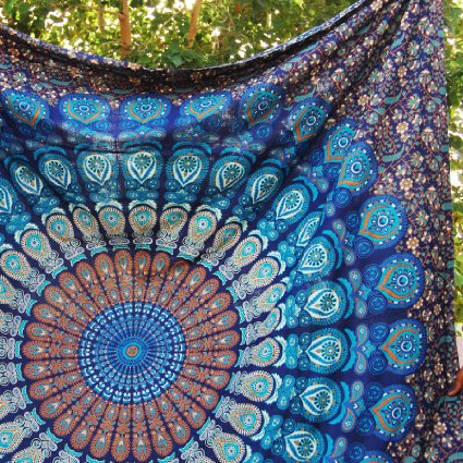 Handmade Mandala Tapestry Gypsy Hippie Bedding Bohemian Ethnic 84 X 90 Inches (Large Queen Size ) Blue