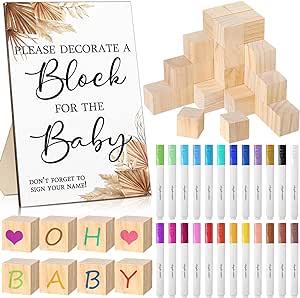 Tatuo 75 Pcs Baby Shower Games Sign Kit Including Decorate a Block Game Sign 50 DIY Blank Wooden Block 24 Acrylic Paint Marker Baby Shower Prize for Game Winners Gender Reveal (Classic Color,Boho)