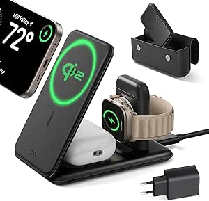 ESR Qi2 Station de Charge sans Fil 3 en 1, 15W Chargeur Apple Watch [Certifié] et Support de MagSafe pour iPhone, pour Plusieurs Appareils, iPhone 15/14/13, Montre et AirPods, avec Sac- Noir