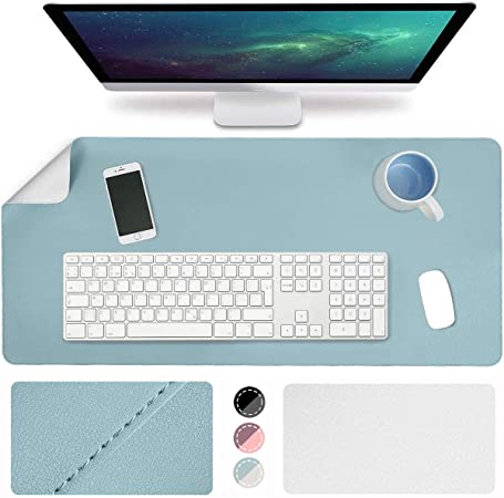 WAEKIYTL Leather Desk Pad, Desk Blotter Protector Cover Large Mouse Pad, Ultra Thin Waterproof Dual-Sided Easy Clean Desk Writing Mats for Office/Home/Computer (31.5" x 15.7") (Light Blue/Silver)
