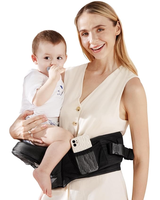 Baby Hip Carrier, GROWNSY Supportive Hip Carrier for Baby Toddler Up to 50lbs, Large Capacity Pockets, Adjustable Waistband for Different People, Carbon Black