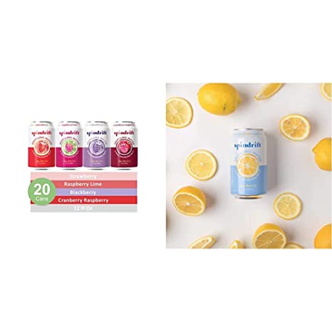Spindrift Sparkling Water, 4 Flavor Berry Variety Pack, Made with Real Fruit, Pack of 20 Seltzer Water Cans & Sparkling Water, Lemon Flavored, Made with Real Squeezed Fruit, 12 Fl Oz Cans, Pack of 24