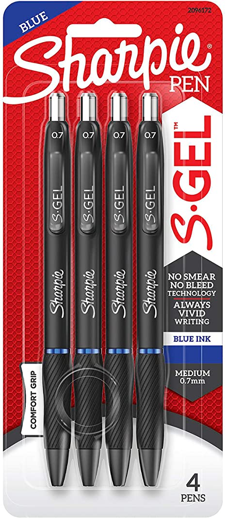 Sharpie S-Gel, Gel Pens, Medium Point (0.7mm), Blue Ink Gel Pen, 4 Count