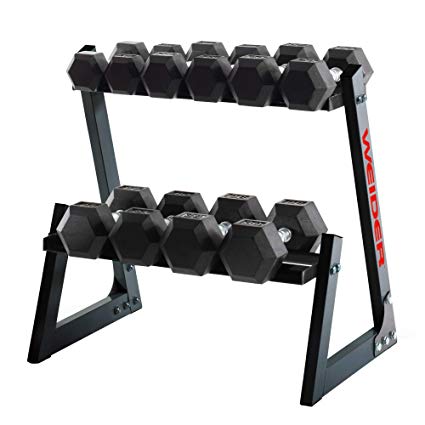 Weider 200 lb Rubber Hex Dumbbell Weight Set, 10-30 lb with Rack Box