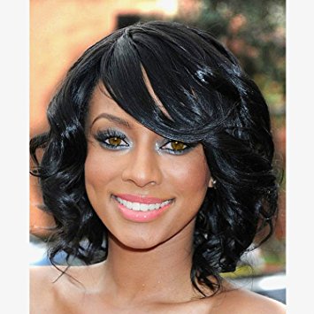 Jet Black Synthetic Hair Wig Short Curly Wigs with Side Bangs Heat Resistant Fiber Full Wigs for Woman