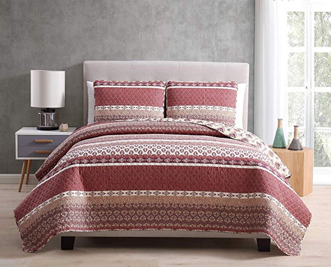 Morgan Home Printed 3 Piece Reversible Quilt Set with Shams – All Season Comfort, Available in, Colors & Sizes (Burgundy, King)