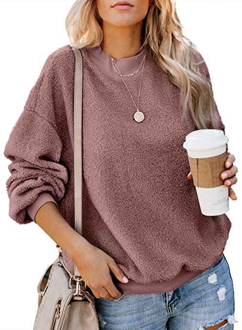 Dokotoo Womens Solid Color Casual Fleece Fluffy Crewneck Long Sleeve Fashion Sweatshirts Tops Pullovers