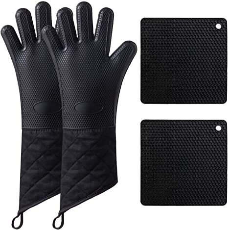 Camkuzon Silicone Oven Mitts and Pot Holders 4-Piece Sets, Extra Long Heat Resistant Oven Gloves Non-Slip Food Grade Kitchen Mitt and Hot Pads for Baking, Cooking, BBQ