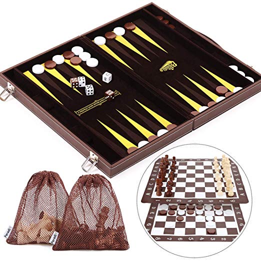 Peradix Leather 3 in 1 Chess Set - 18.1" ×14.8" Chess Checkers and Backgammon Set, Portable Handle Travel Set Folding Board Game, Perfect for Kids and Adults as Christmas and Birthday Gift