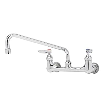 T&S Brass B-0231 Polished Chrome Service Sink faucet with 12" swing nozzle. 8" Wall Mount with Lever Handles and Stream Regulator Outlet.