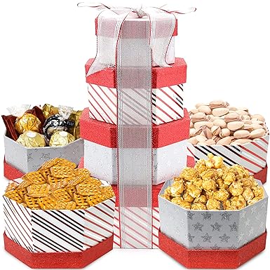 Tower Box, Party Mix, Gourmet Gift Tower Basket, Gift Basket, Waffle Pretzels, Salted Pistachios, Caramel Corn, Assorted Chocolates