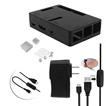 Smraza 4 in 1 Starter Kit for Raspberry Pi 3 2 with Black Case,Power Supply,2pcs Heatsinks and Micro USB with On/Off Switch
