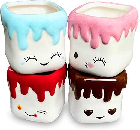 Gem Wares Marshmallow Shaped Hot Chocolate Mugs , Set of 4 Kids Hot Cocoa Mugs with Unique Emojis and an Interactive Card Game, Fun Marshmallow Mugs for Hot and Cold Drinks