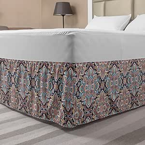 Ambesonne Ethnic Bedskirt, Bohemian Style Motif Vintage Oriental Inspired Traditional Art, Bedroom Decor Wrap Around Elastic Bed Skirt Gathered Design, King, Navy Teal