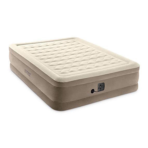 Intex Ultra Plush Fiber-Tech 18 Inch High Queen Inflatable Airbed Elevated Air Mattress with Built-in Pump & Flocked Top, Tan