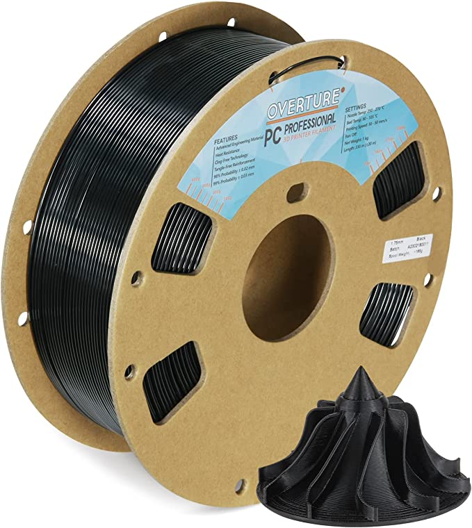 OVERTURE PC PROFEESIONAL Filament, Cardboard Spool, 1kg(2.2lbs), Dimensional Accuracy 99% Probability +/- 0.03mm, Fit Most FDM Printer (Black)