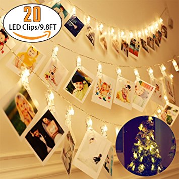 20 LED Photo Clips String Lights - Fairy lights 3 Modes 9.8 Feet Battery Powered , Wedding Party Home Decor Christmas Lights for Hanging Photos, Cards and Artwork(Warm White)
