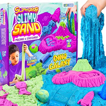 SlimySand Dinosaur/Galaxy, 3 Pounds of SlimySand in 3 Different Colors (Pink, Green, and Blue), 7 Fun 3D Molds & More! Reusable Box For Hours Endless Hours of Play. Super Stretchy & Moldable!