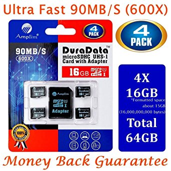 Four Amplim 16GB microSDHC Card Plus Adapter Pack (Class 10 Micro SD Extreme Pro UHS-I microSD Memory). Ultra High Speed 4 16 GB SDHC UHS-1 TF Flash Adaptor Duo. 16G 90MB/s 600X hc class10 Performance