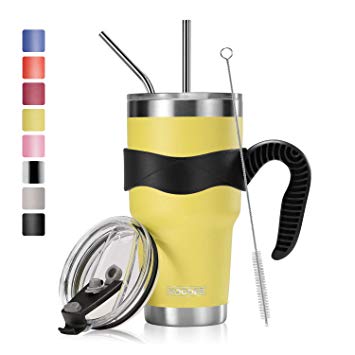 Koodee 30 oz Yellow Tumbler Insulated Coffee Cup with Sip Lid and Leak Proof Straw Lid, 2 Straws, Pipe Brush,Handle, Gift Box (30 oz, Lemon Yellow)