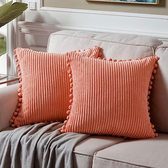 Fancy Homi Pack of 2 Coral Decorative Throw Pillow Covers 18x18 Inch with Pom-poms for Living Room Couch Bedroom, Soft Corduroy Peach Solid Square Cushion Case 45x45 cm, Rustic Farmhouse Home Decor