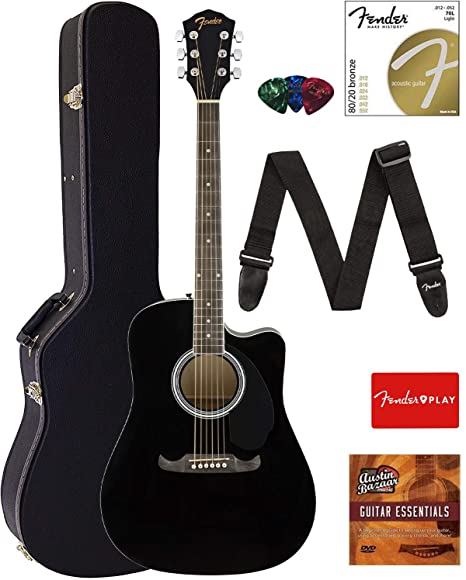 Fender FA-125CE Dreadnought Cutaway Acoustic-Electric Guitar - Black Bundle with Hard Case, Strap, Strings, Picks, Fender Play Online Lessons, and Austin Bazaar Instructional DVD
