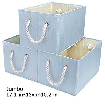 Storage Bin with Strong Cotton Rope Handle, Foldable Storage Basket By StorageWorks, Light Blue, Bamboo Style, Jumbo, 3-Pack