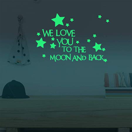 Nursery Wall Decals Luminous Words Sticker at Night - WE Love You to The Moon and Back - Words Glow in The Dark with Stars Around Wallpaper for Kids Bedroom Ceiling