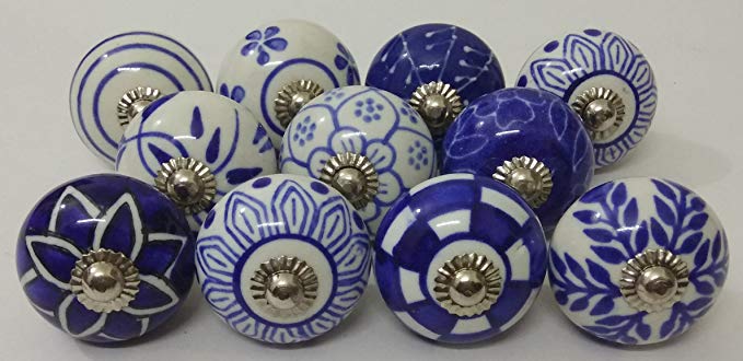 10 Blue and White Hand Painted Ceramic Knobs Cabinet Knobs Kitchen Cabinet Drawer Pull Handles by Zoya's lot of 10 knobs