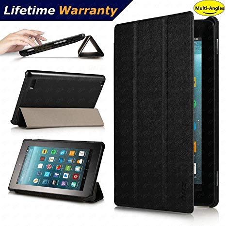DHZ Case for All-New Amazon Fire 7 Tablet (7th Generation, 2017 Release) - Ultra Slim Shell Lightweight Folio Smart Cover Tri-fold Stand Leather Case with Auto Wake / Sleep,Black