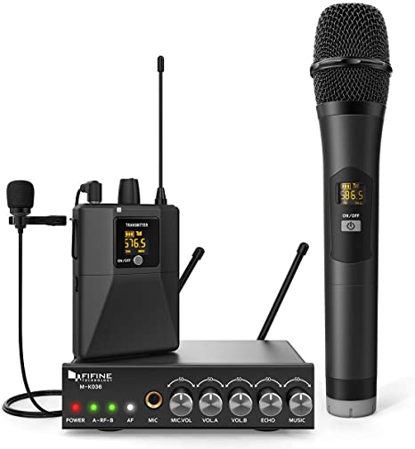 FIFINE Wireless System, Cordless Microphone Set with Handheld Lapel Transmitters and Metal Receiver, Selectable UHF Frequency, Extra 1/4 Mic Input, Stable Connection, for DJ Church Wedding -K036A