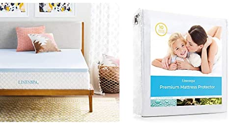 Linenspa 2 Inch Gel Infused Memory Foam Mattress Topper, Full & Premium Smooth Fabric Mattress Protector-100% Waterproof-Hypoallergenic-Vinyl Free Protector, Full, White