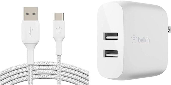 Belkin 6.6ft Braided USB-C Cable, Boost Charge USB-C to USB Cable, USB Type-C Cable & 24W Dual Port USB Wall Charger - iPhone Fast Charging - USB Charging Block for Power Bank