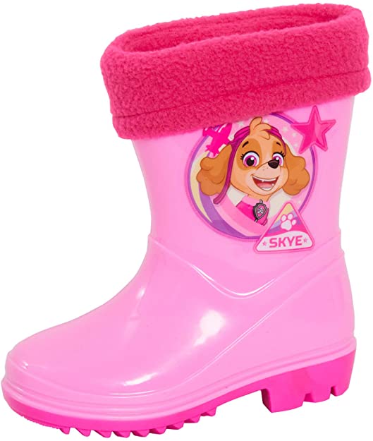 Paw Patrol Girls Wellies Fleece Lined Warm Wellington Boots Kids Skye Pink Rubber Rain Snow Shoes