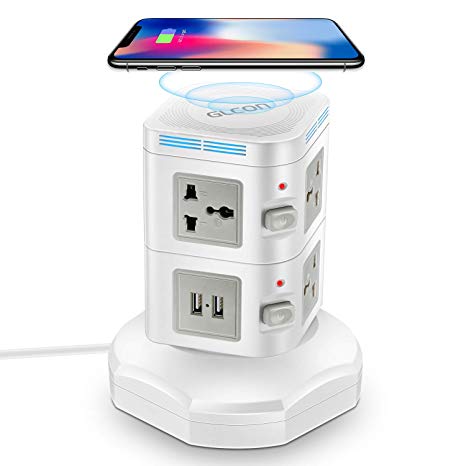 Power Strip Tower Wireless Charger - GLCON Surge Protector Electric Charging Station 3000W 13A 6 Outlet Plugs 4 USB Ports   6ft Extension Cord Universal Socket PC Laptops Phone